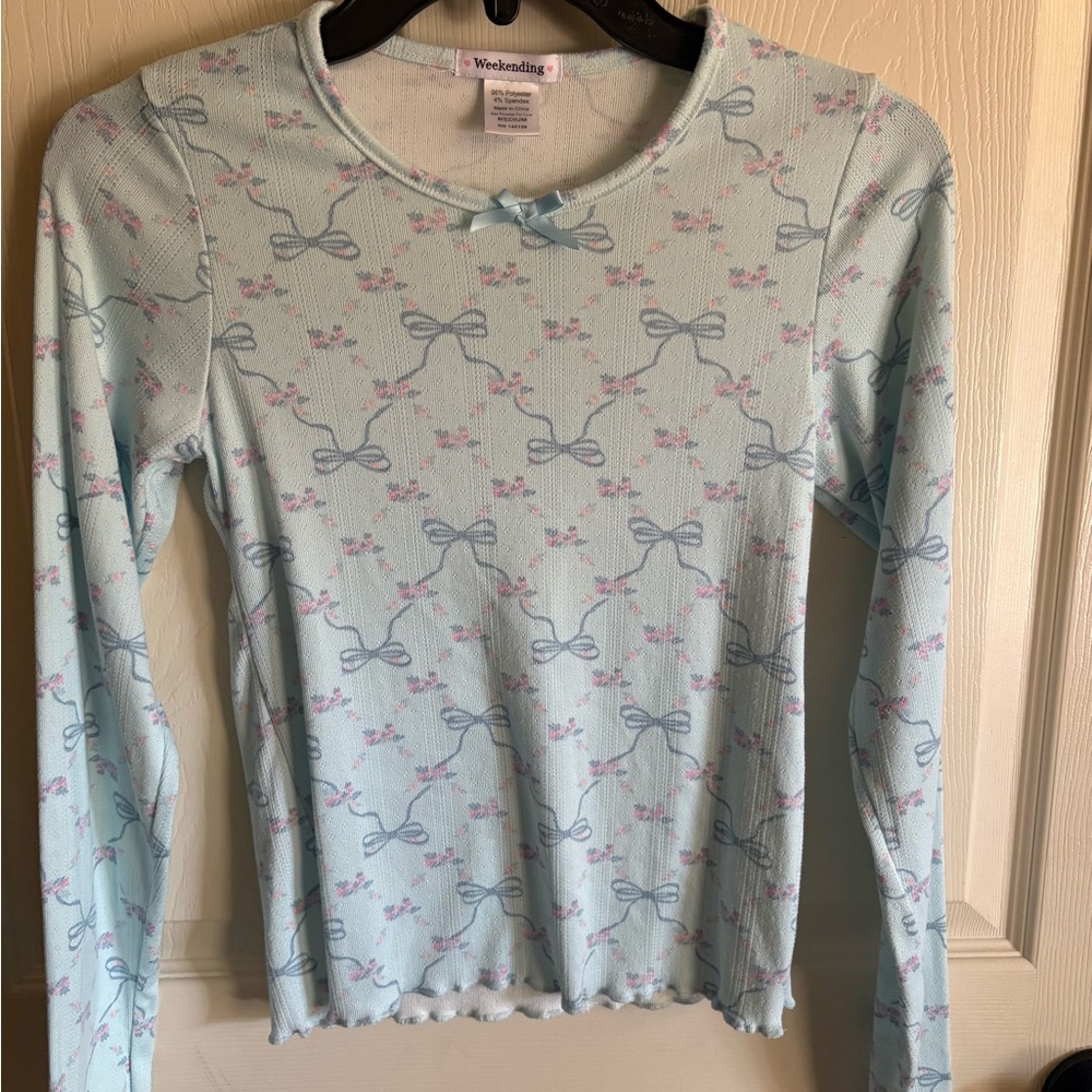 Light Blue Long Sleeve Top with Bow Pattern